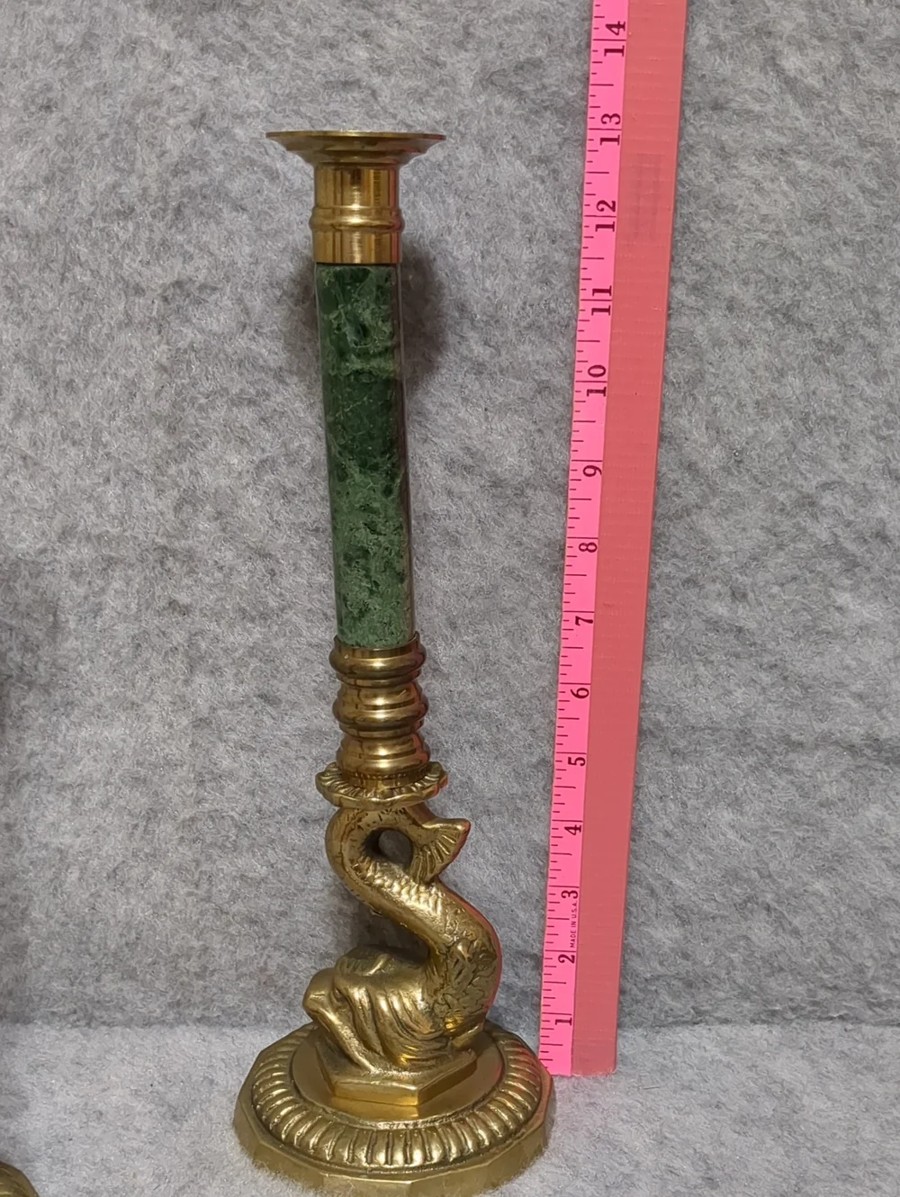 Vintage Brass Green Marble Koi Fish Lot Of 2 Candlestick Holders